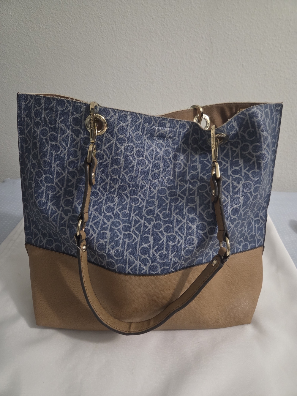 CK-Inspired Blue and Tan Tote Bag with Gold Hardware